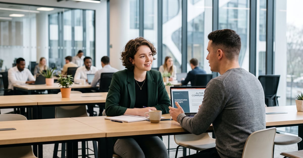 Jeune alternant en communication travaillant avec son équipe dans une entreprise moderne