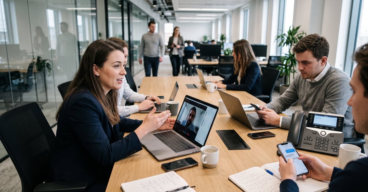 Outils de communication entreprise : collaborateurs autour d'un bureau avec appareils connectés