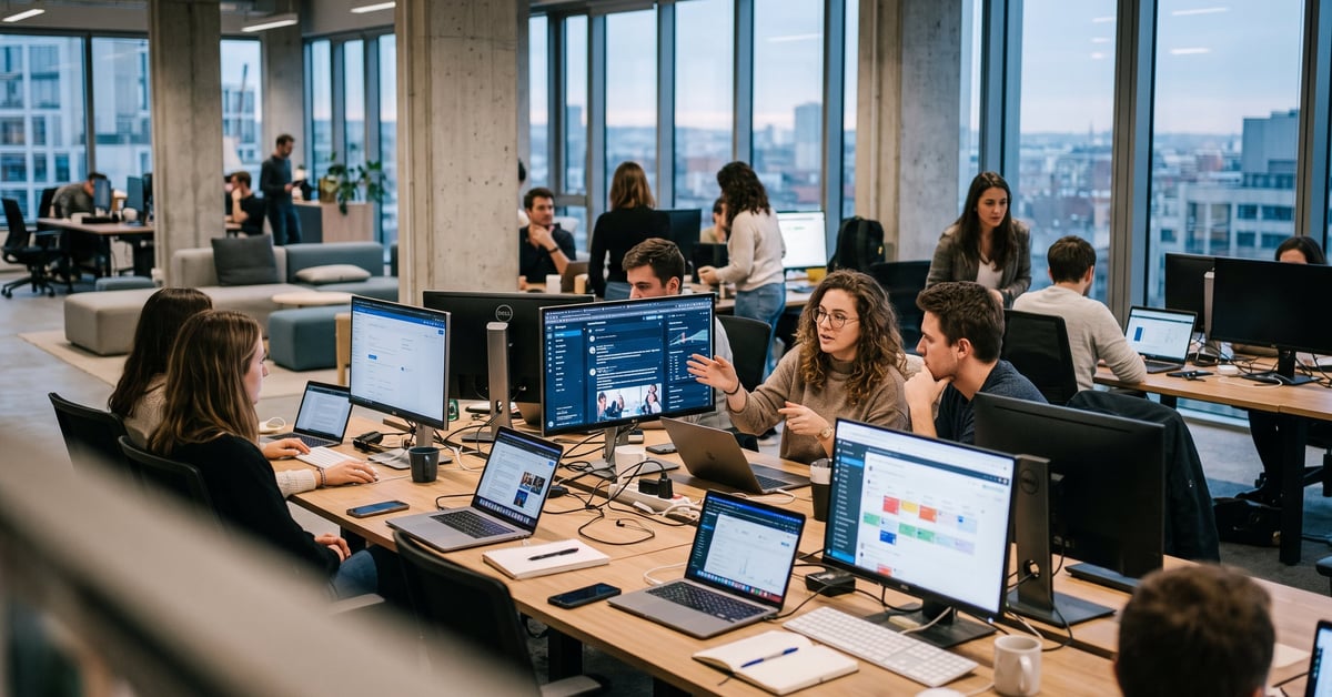 Équipe en entreprise consultant des réseaux sociaux sur écrans numériques en open space moderne