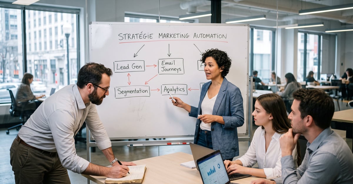 Stratégie marketing automation : tableau de bord analytique et flux de travail automatisés sur écran